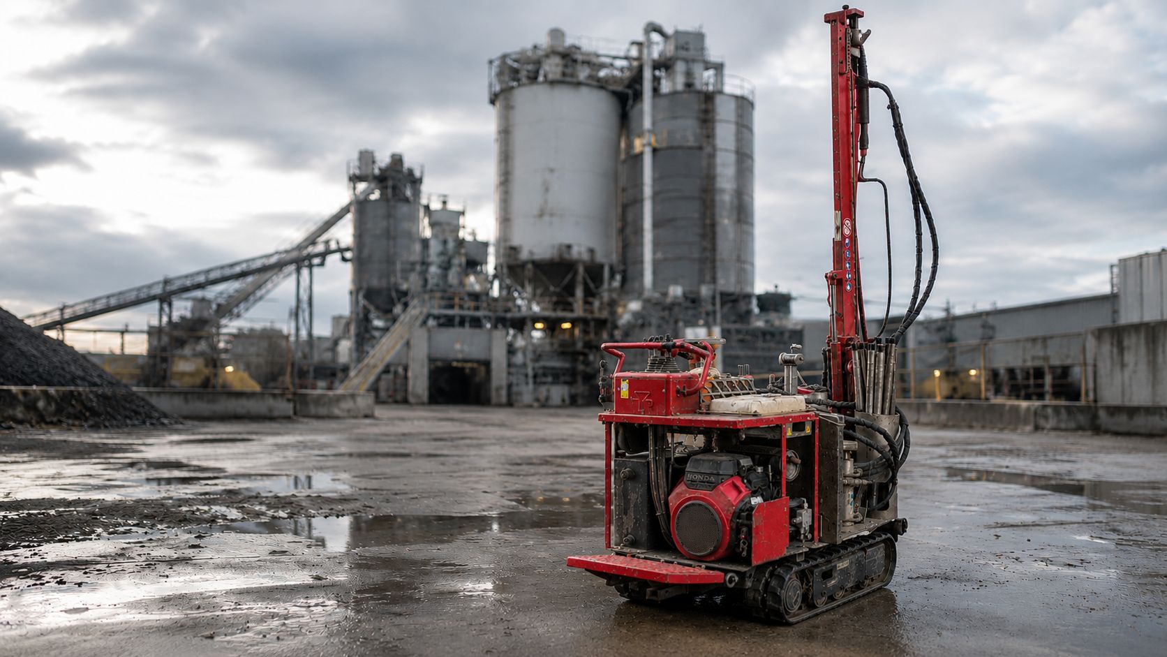 Raupenbohrgerät für Rammkernsondierungen auf einem Industriegelände, im Hintergrund die Silos einer Produktionsanlage